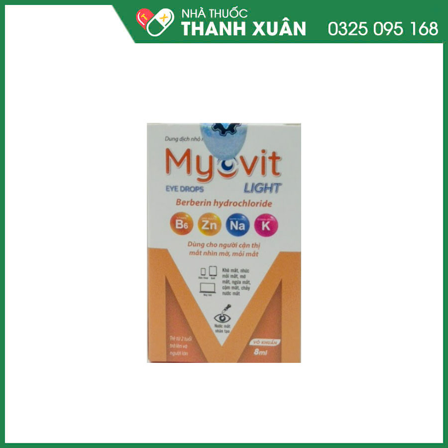 Dung dịch nhỏ mắt Myovit Light giúp làm sạch, dưỡng ẩm, hỗ trợ kháng khuẩn, giảm khô mắt, mỏi mắt và phòng ngừa các bệnh lý về mắt
